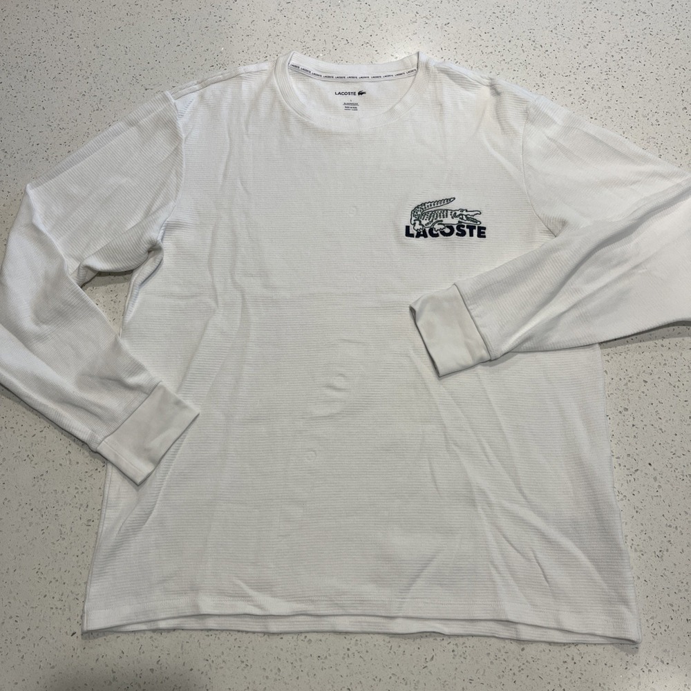 Lacoste Sleepwear Mens L White Logo Waffle Knit Thermal Long Sleeve Lounge Shirt